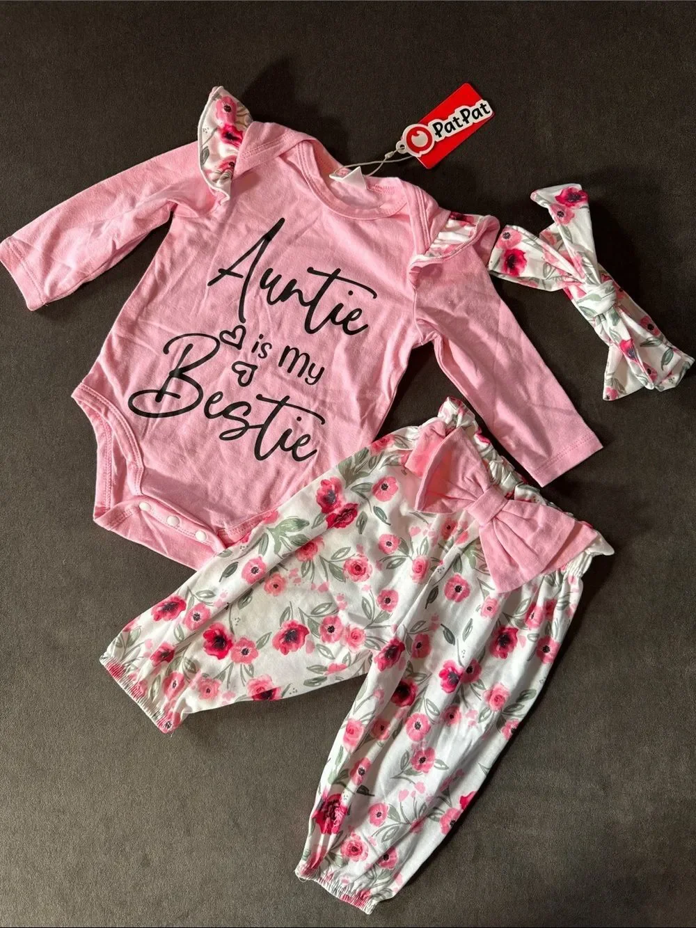 PatPat Pink Floral 'Auntie is My Bestie' Baby 3-Piece Outfit 0-3 months NEW